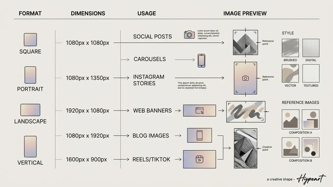 Comparison matrix mapping aspect ratios to pixel dimensions, usage types, and visual style examples