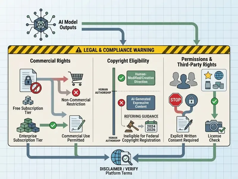 Diagram outlining legal requirements for commercial use, copyright eligibility, and third-party permissions