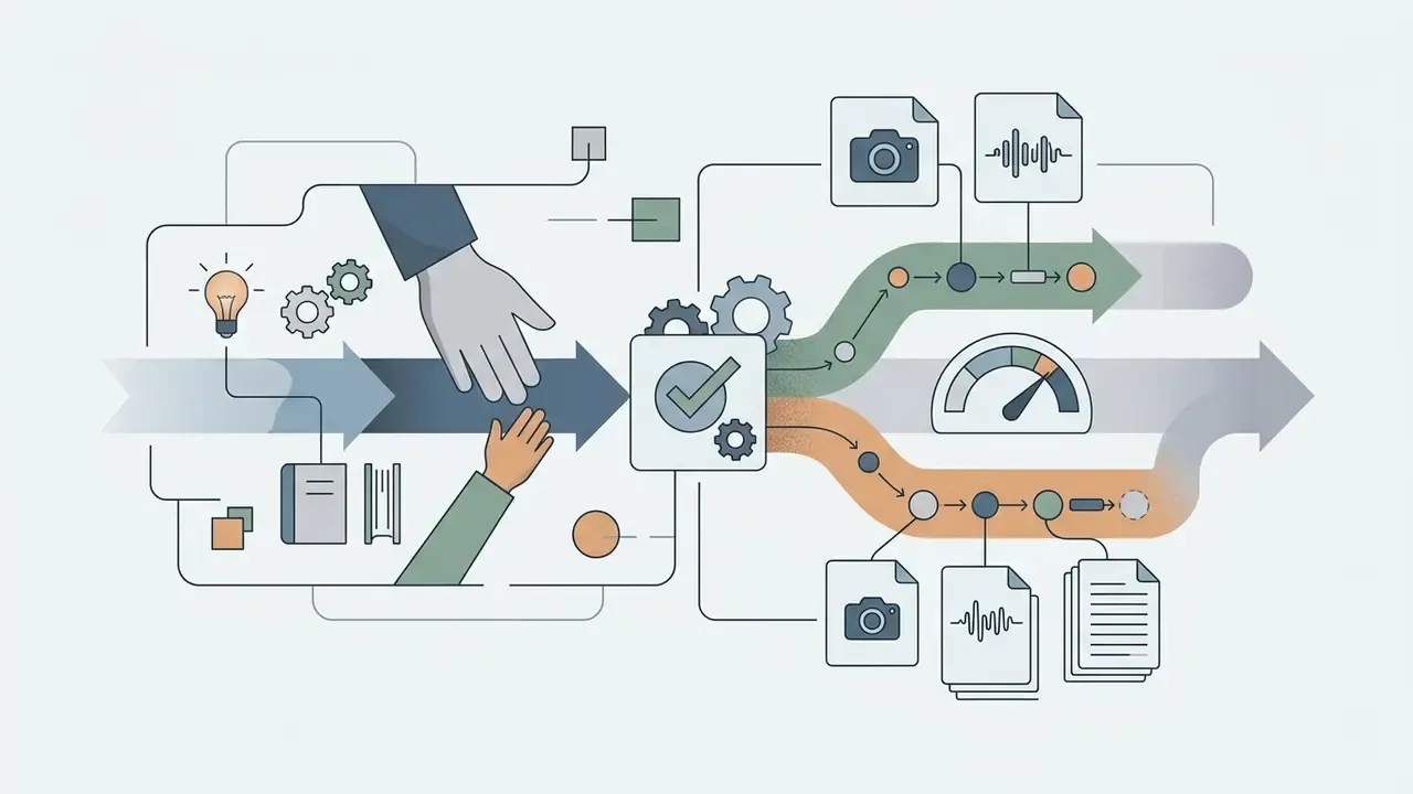 Hands guiding academic inputs into an AI homework helper that branches into varied processing paths