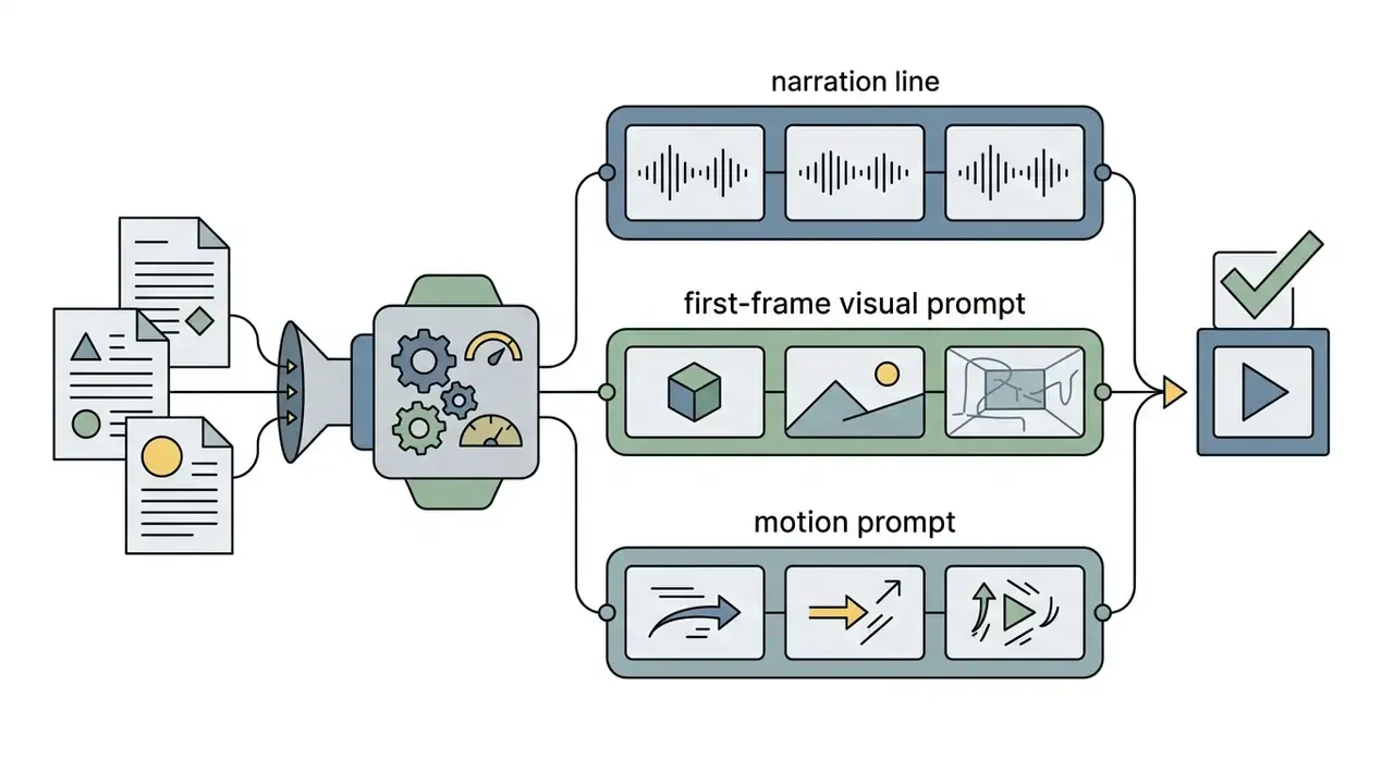 Documents feeding into a processor that outputs narration, visual prompts, and motion instructions