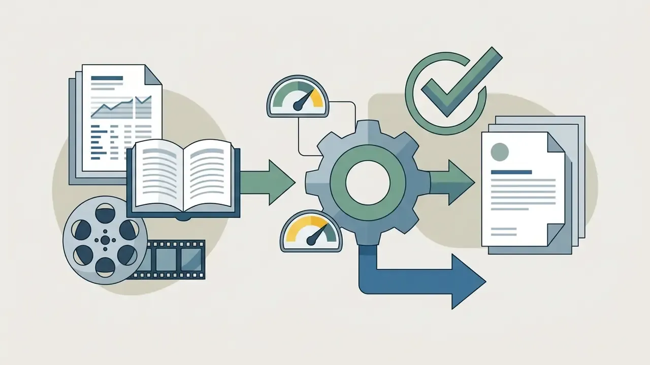 Documents, a book, and a film reel feed into a gear mechanism connected to gauges and a checkmark icon