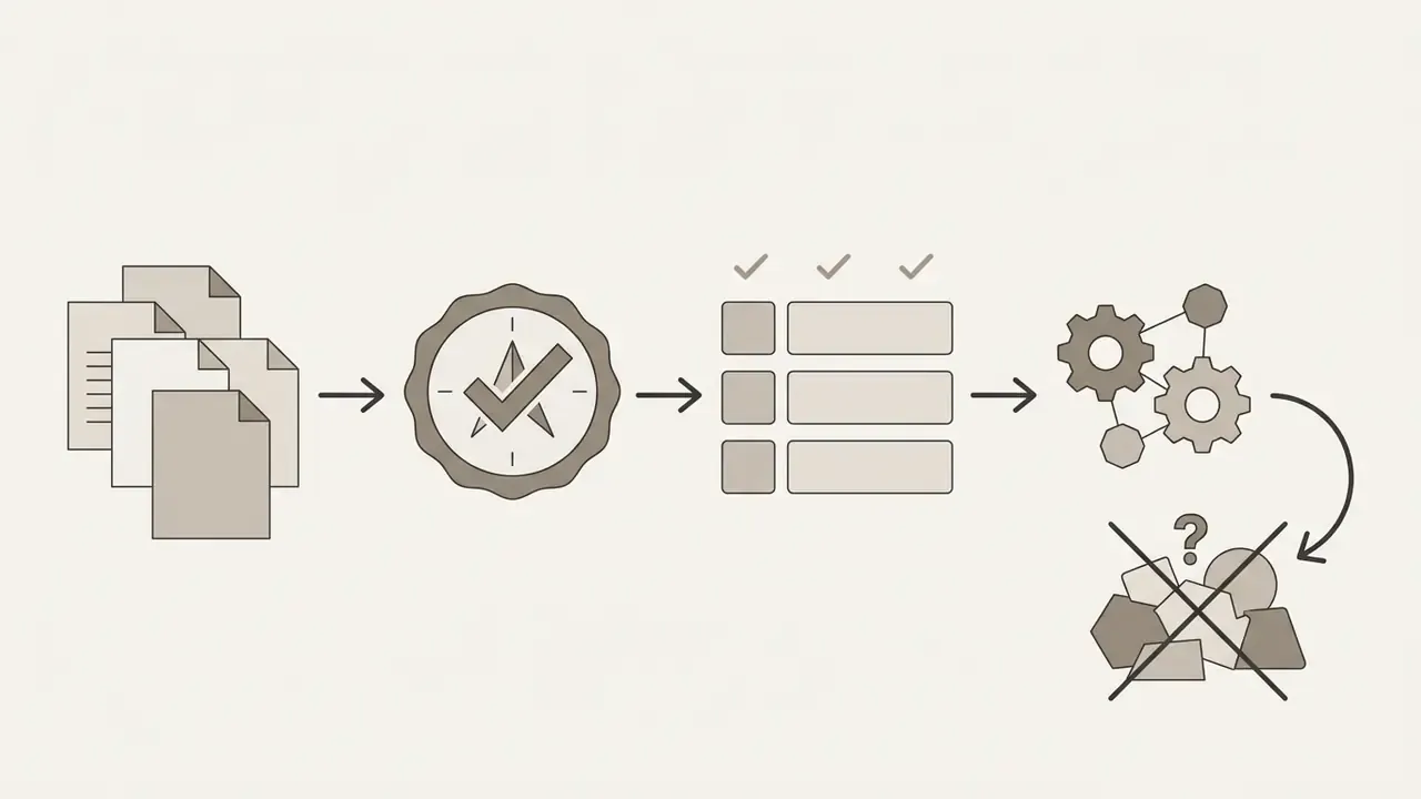 Documents moving through a validation stamp and checklist to a gear system that rejects unknown inputs