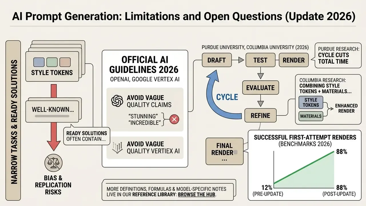 Flowchart detailing 2026 guidelines for prompt development, bias risks, and iterative refinement cycles
