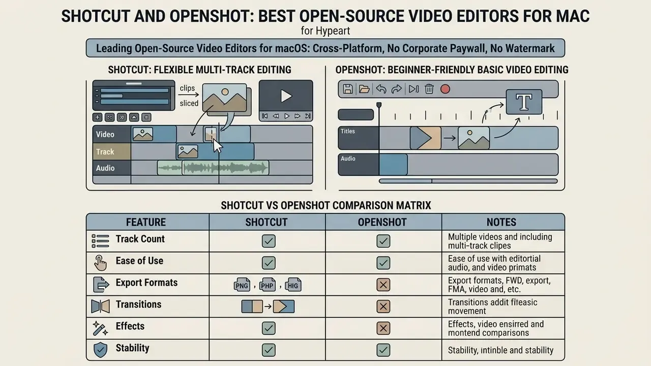 Comparison matrix and interface diagrams for Shotcut and OpenShot as free video editing software for Mac