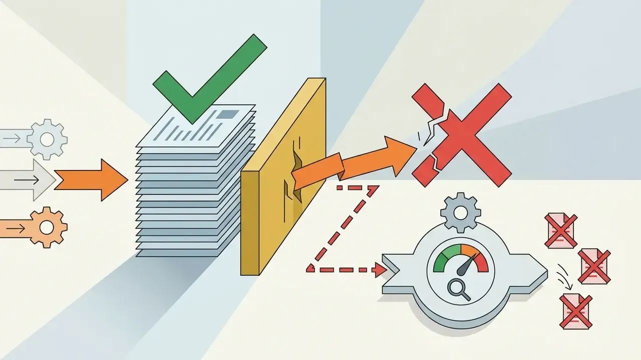 Validated stacks of papers passing through a barrier to trigger review and performance gauge monitoring