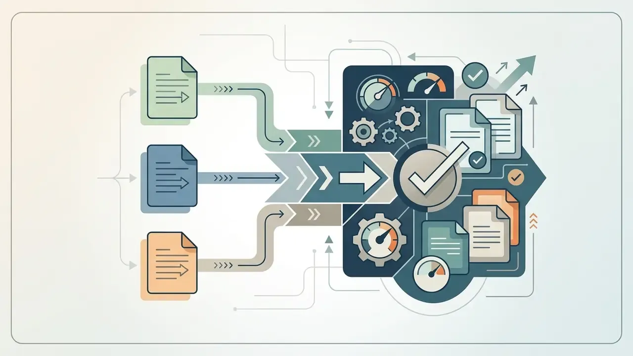 Three colored document icons feeding into a central processing hub with gears and status gauges