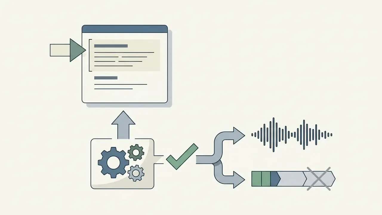 Text input being processed by gears and a checkmark into an audio waveform or a rejected status bar