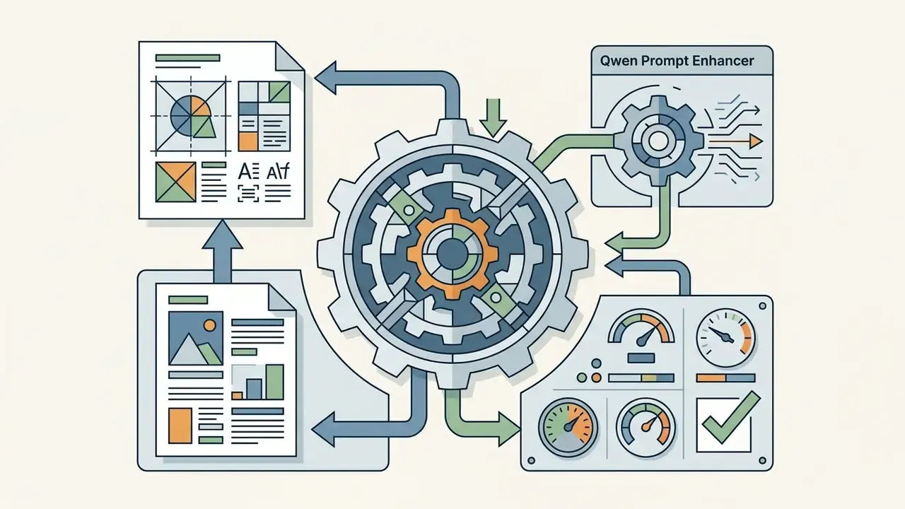 Central gear mechanism connecting a prompt enhancer to document layouts and performance gauges
