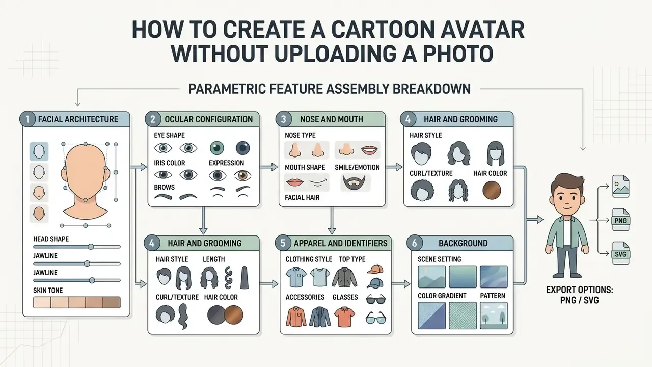 Flowchart showing the step-by-step process of assembling facial features, hair, clothing, and backgrounds