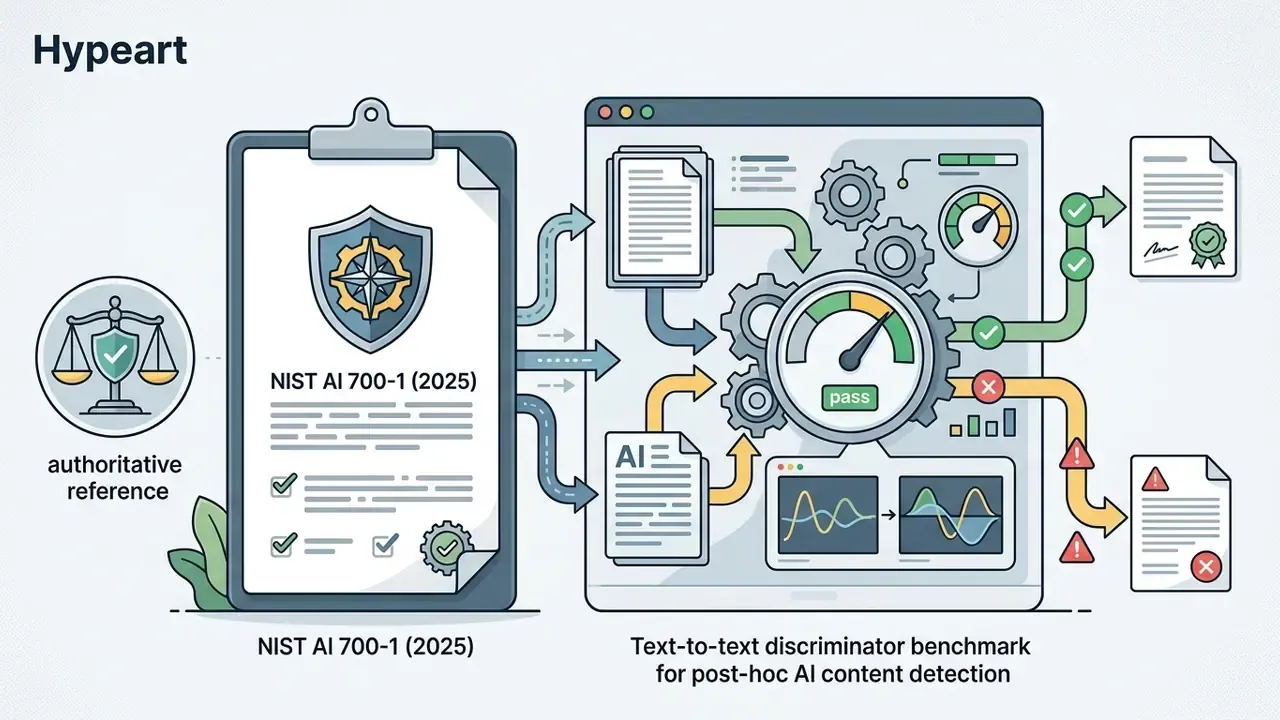 NIST AI 700-1 standard document feeding into a processing hub with gears and gauges to validate content