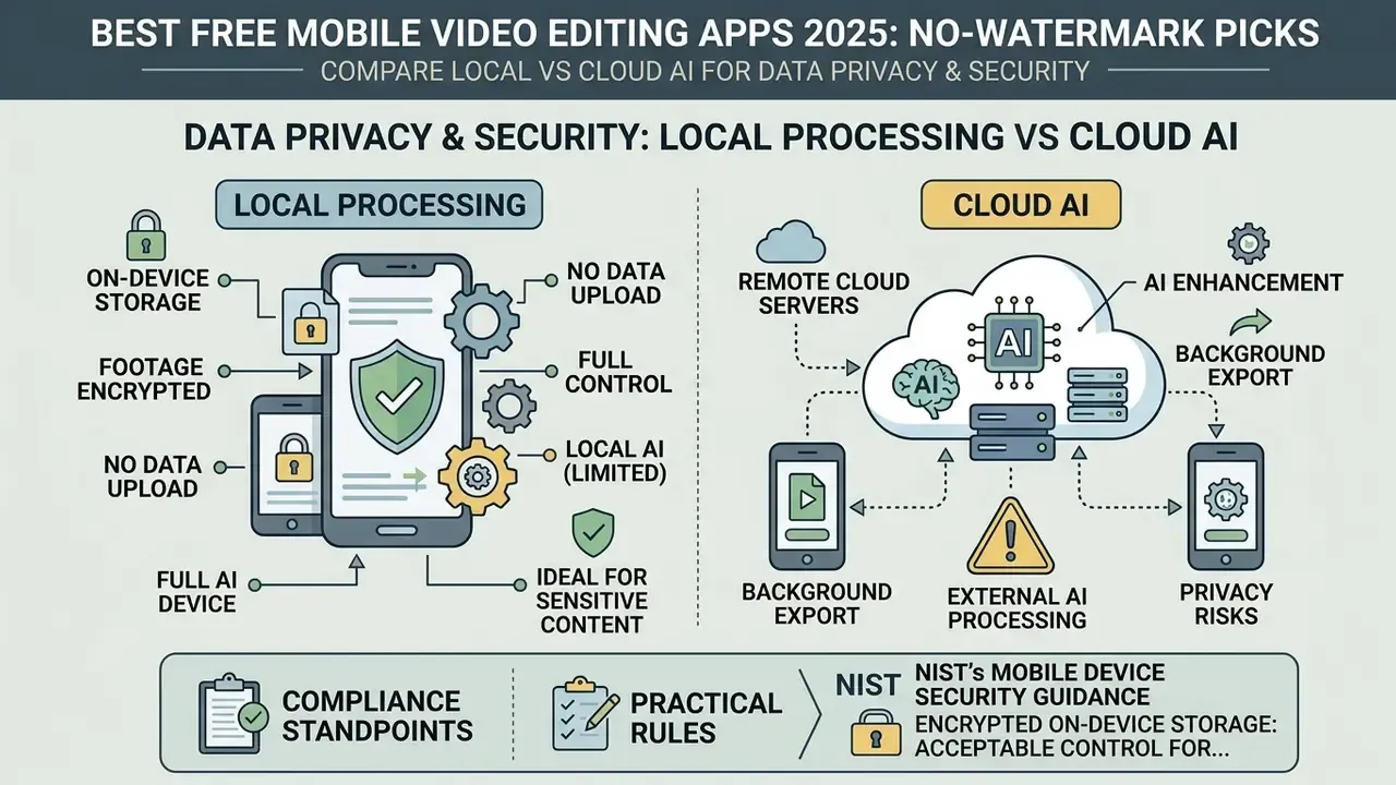 Infographic comparing local processing and cloud AI for mobile video editing privacy and security