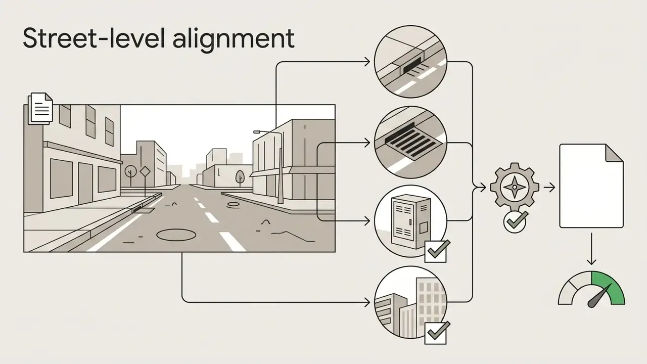 Street view features connecting to a processing gear and a final verification gauge
