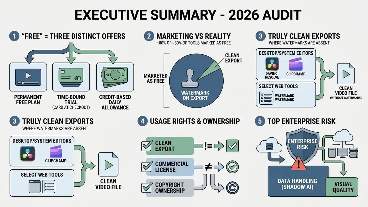 Infographic detailing free AI video generator 2025 models, watermarking, usage rights, and enterprise risks