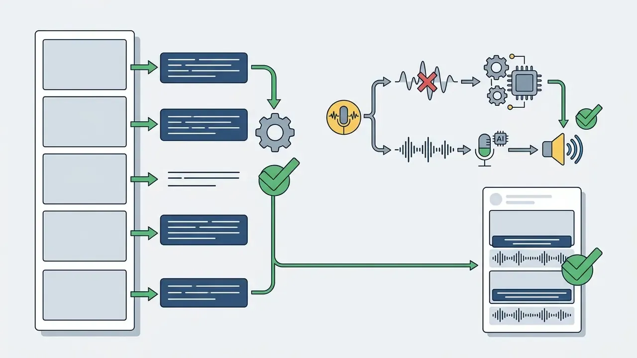 Process diagram showing text captioning and AI voiceover generation for video content accessibility