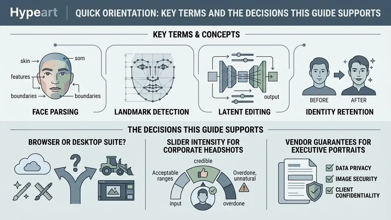Infographic explaining face parsing, landmark detection, latent editing, and identity retention concepts