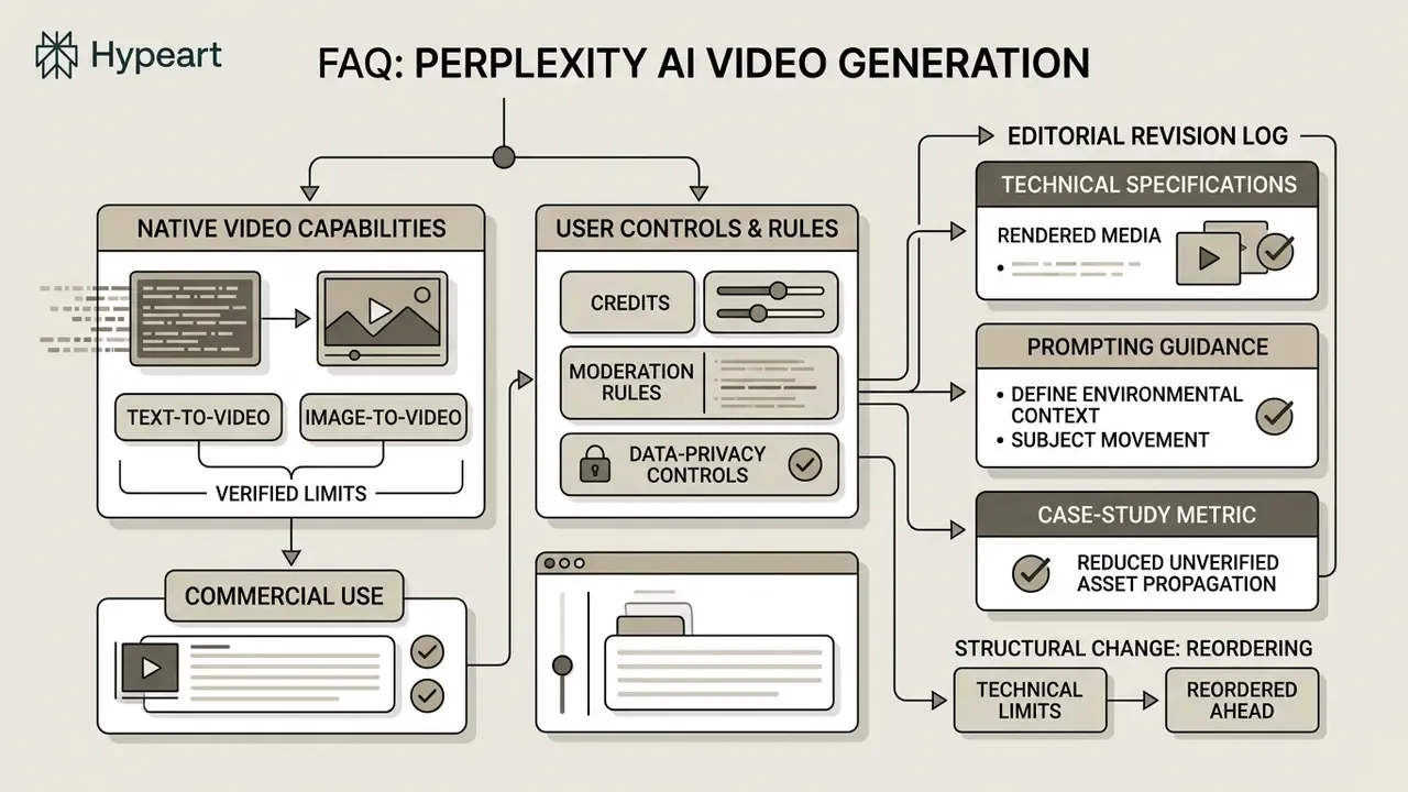 Detailed infographic mapping Perplexity AI video generation workflows and editorial revision log components