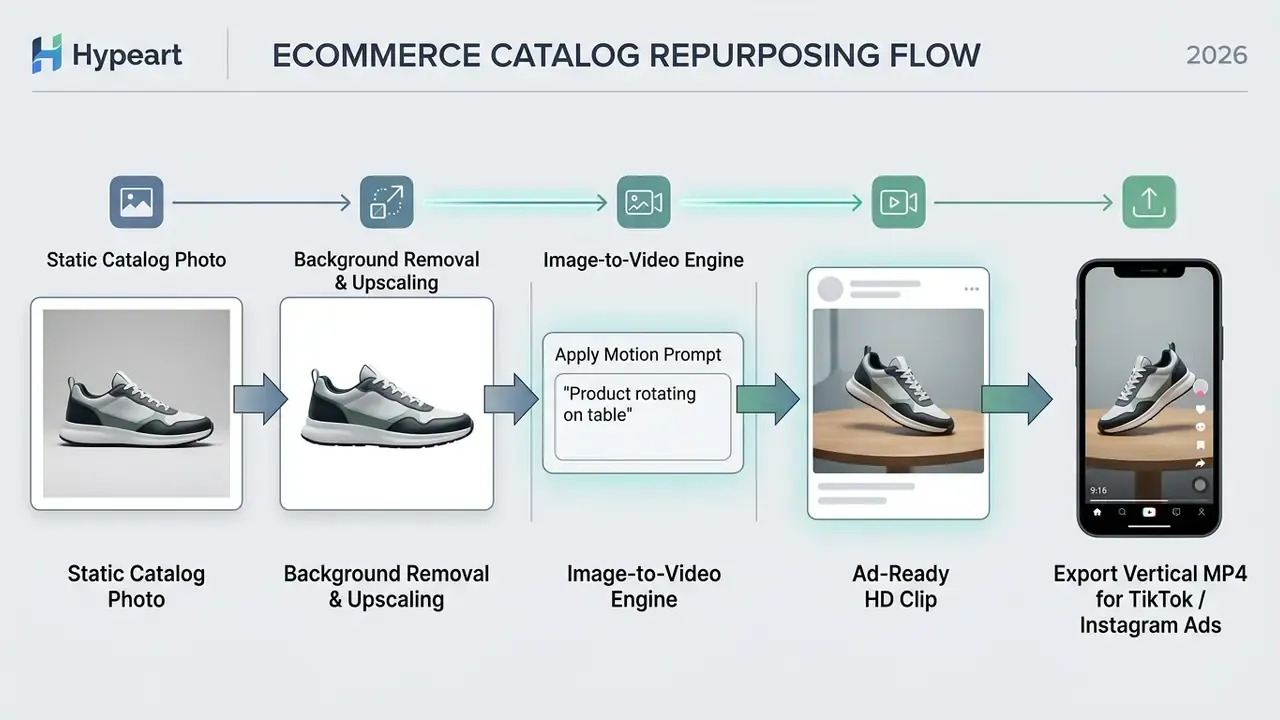 Process flow showing how static product photos are transformed into vertical video ads using an image to video AI