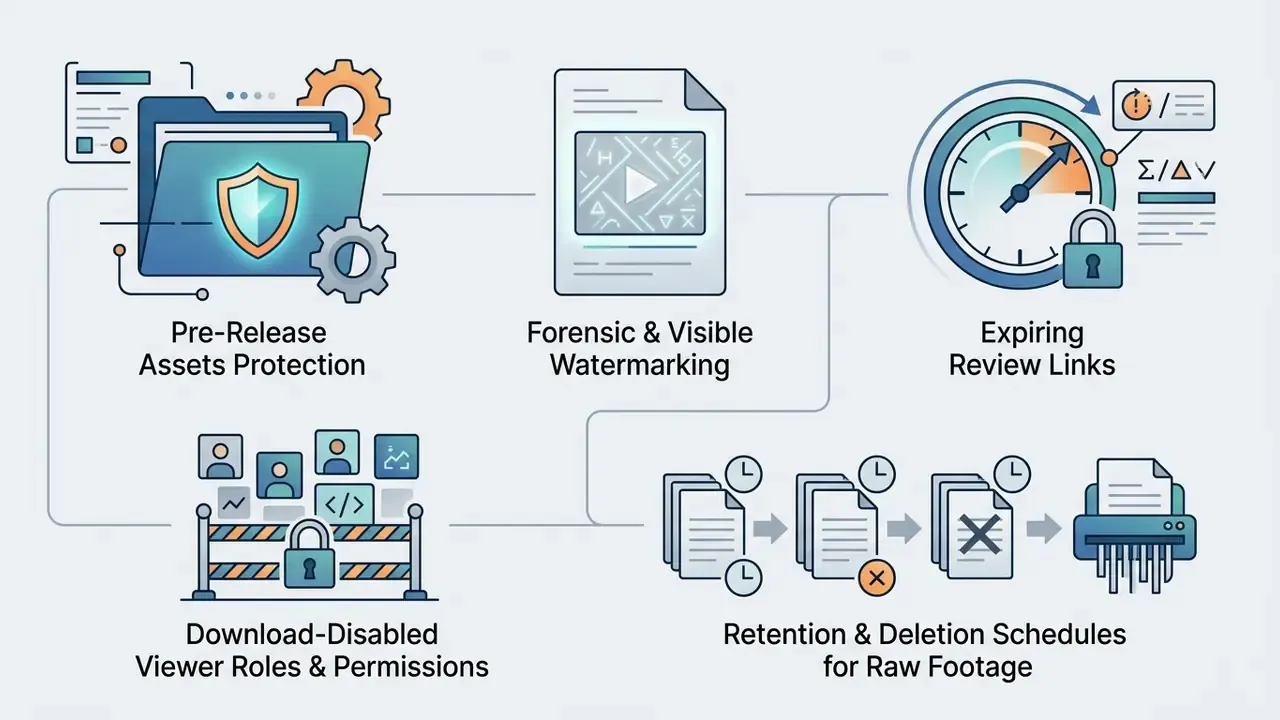 Icons representing asset protection, watermarking, expiring links, viewer permissions, and data deletion