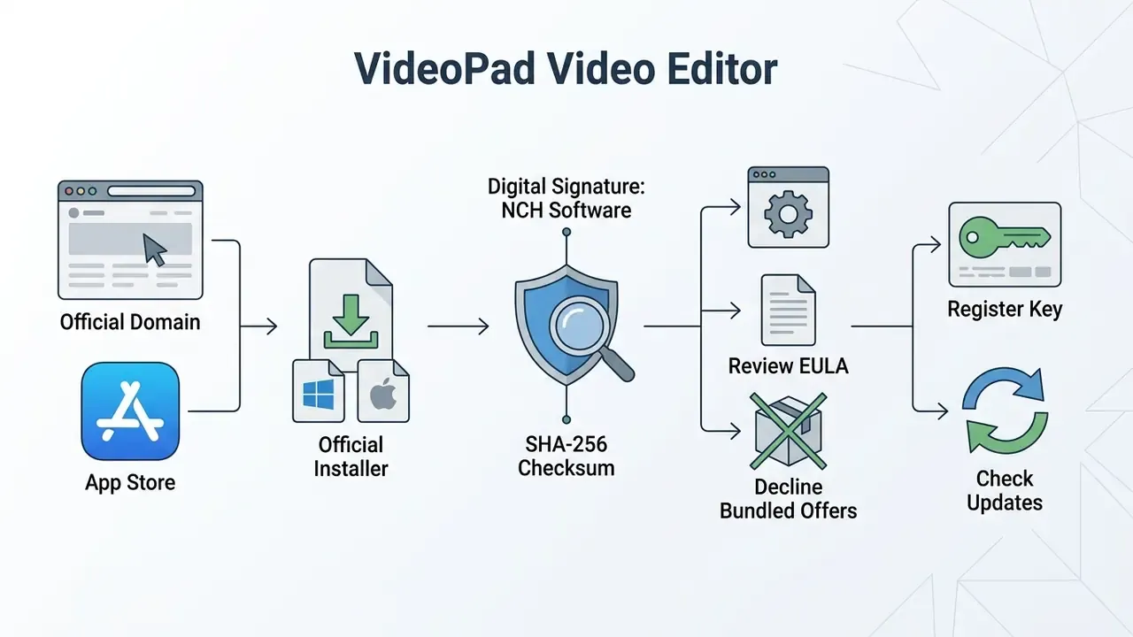 Step by step flowchart showing the secure download, verification, and installation process for VideoPad