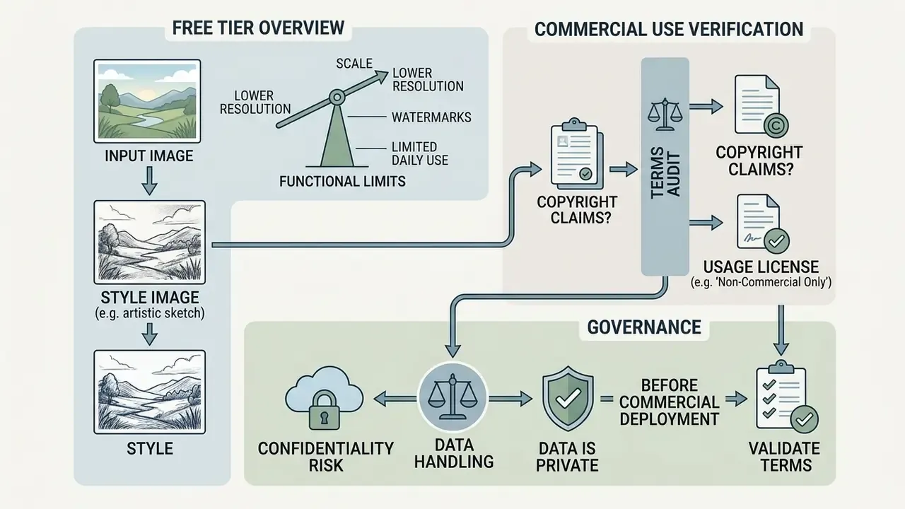 Summary of free tier constraints, copyright auditing steps, and data governance for commercial image use