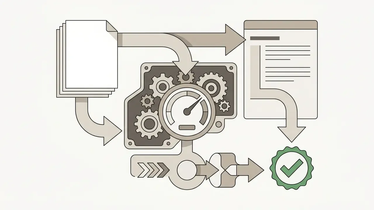 Stack of pages moving through a gear-driven processor and speed gauge to produce a completed document