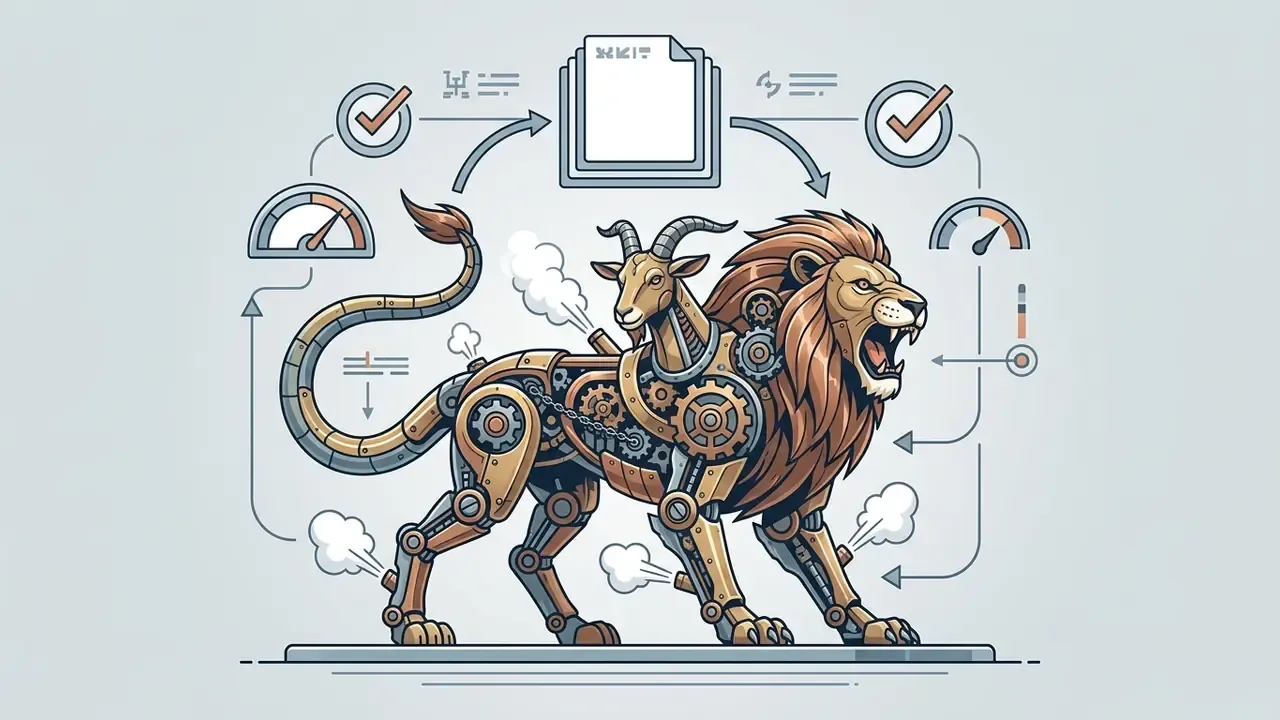 Clockwork chimera with lion and goat heads surrounded by technical icons and status gauges