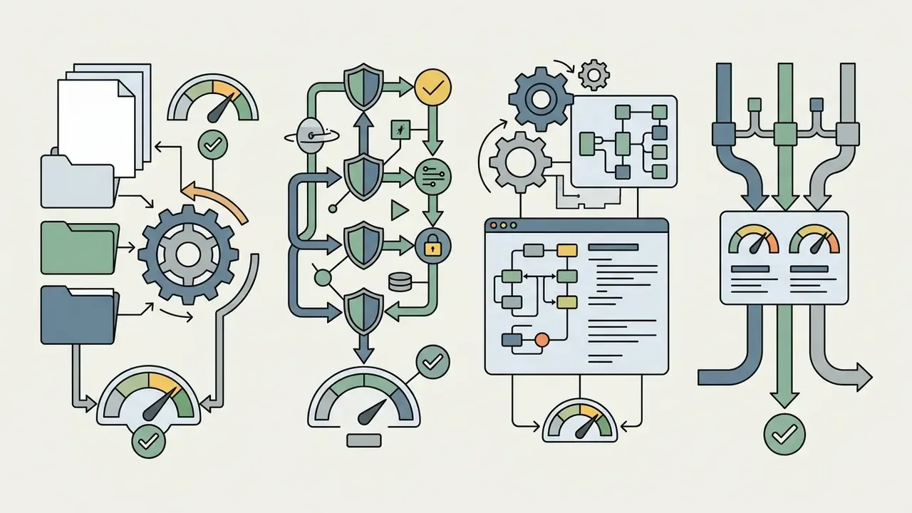 Four distinct technical workflows featuring file processing, security shields, gear systems, and data gauges