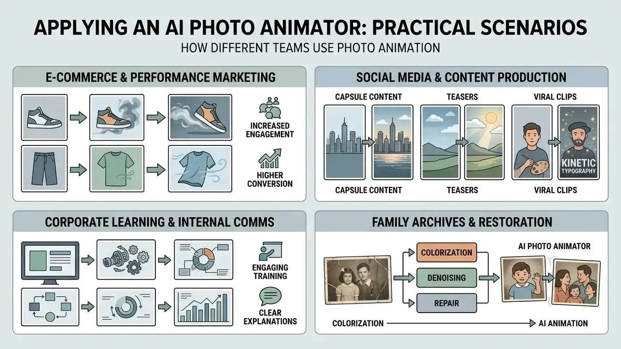 Four-panel grid showing professional use cases for motion tools in marketing, social media, and restoration