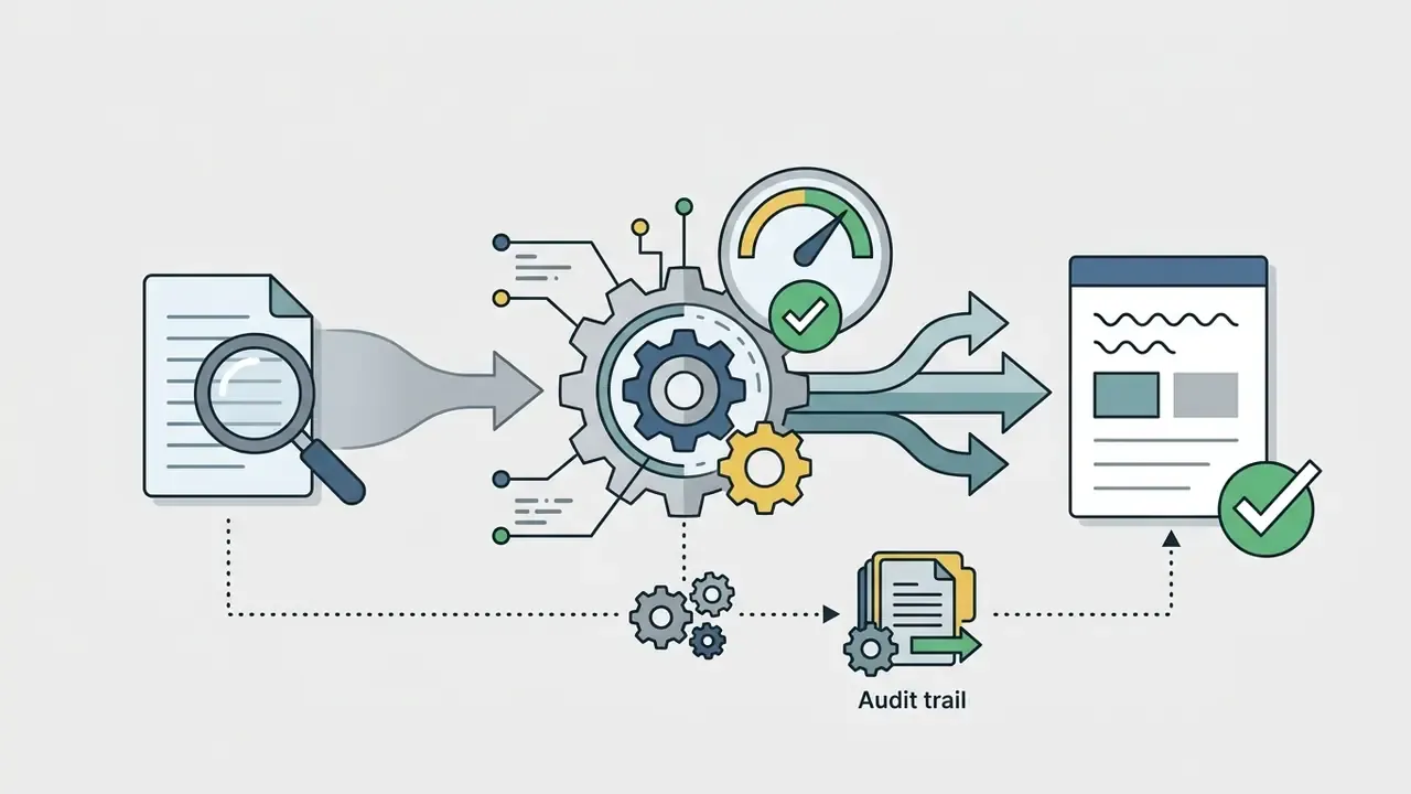 Document being analyzed by gears and a gauge before being finalized with a verified audit trail