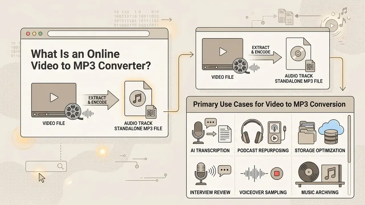 Infographic showing the process of extracting audio from video files and listing common use cases