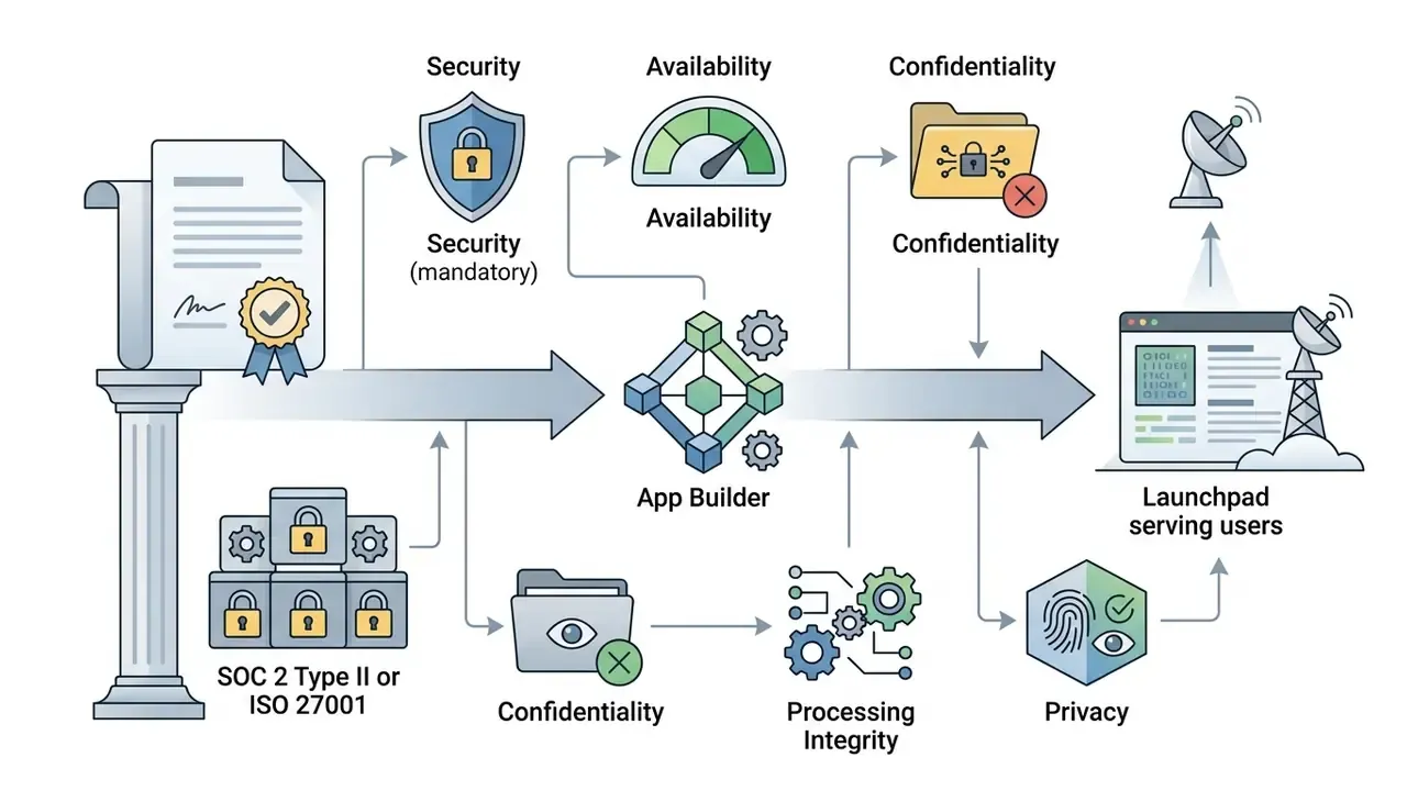 Compliance document feeding into an app builder that integrates security, availability, and privacy icons