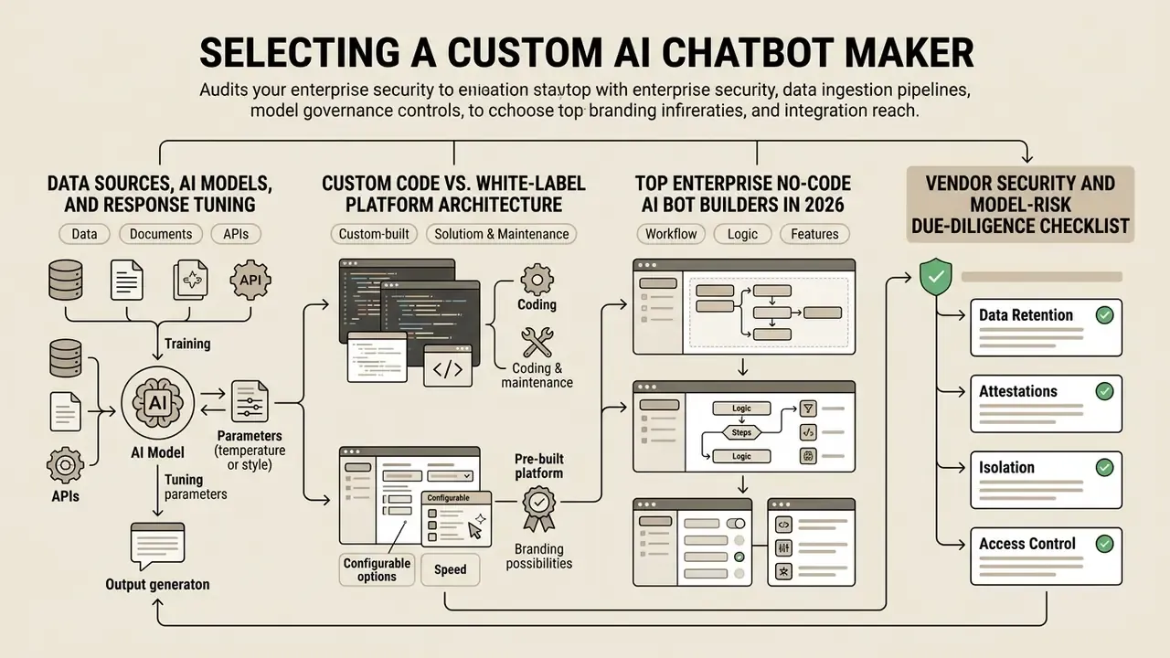 Flowchart detailing data sources, platform architecture, builder workflows, and security checklists