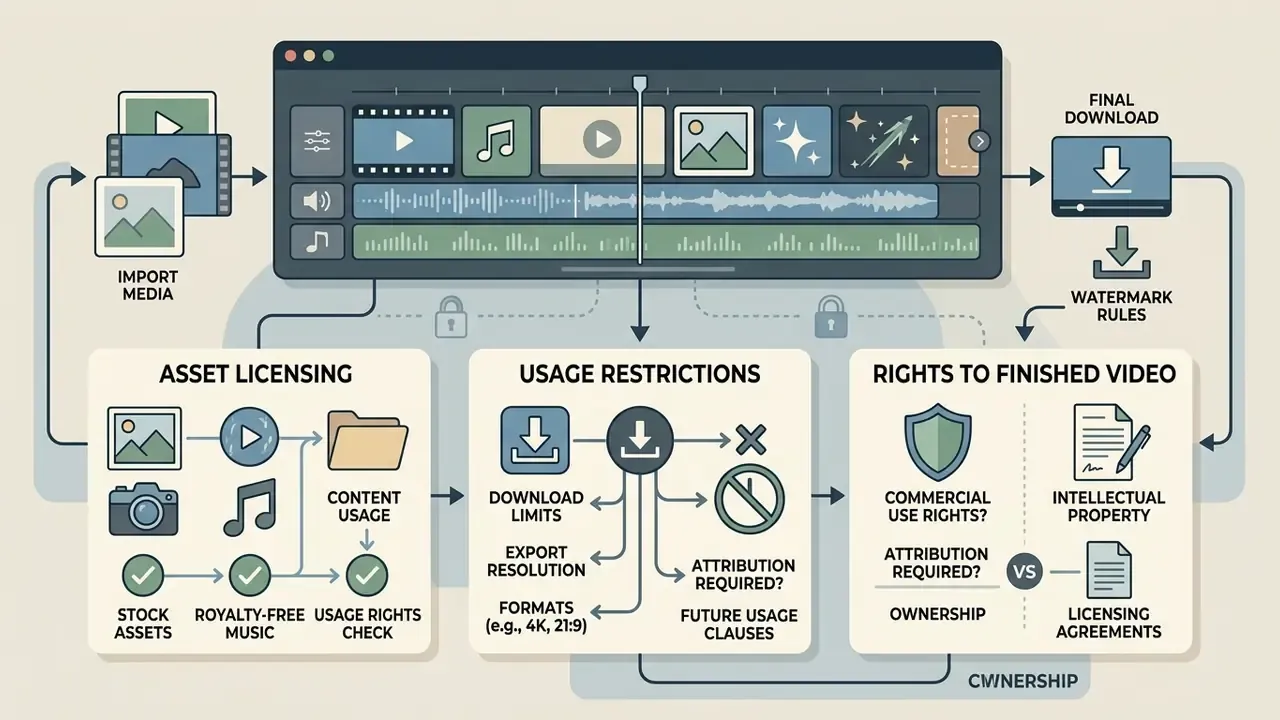 Diagram showing the workflow from media import to checking licensing, usage restrictions, and ownership