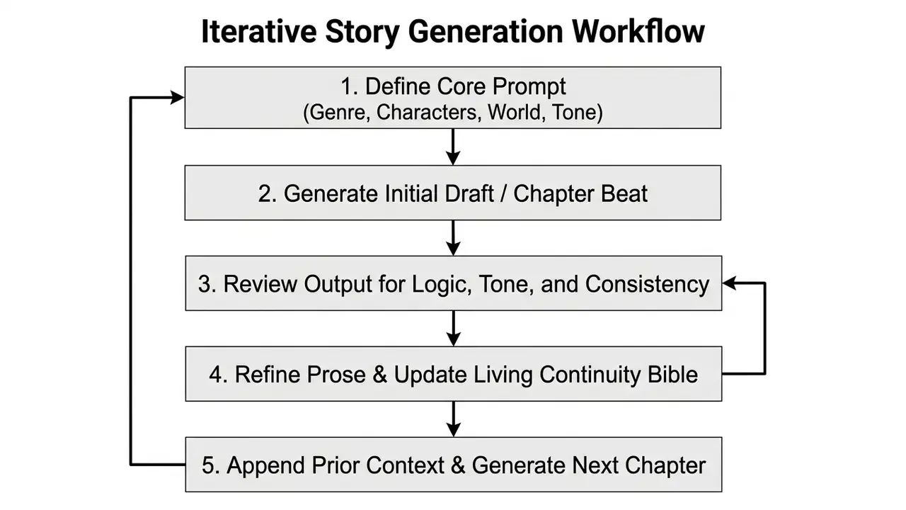 Flowchart showing five sequential steps for using an ai story generator no filter to build a narrative