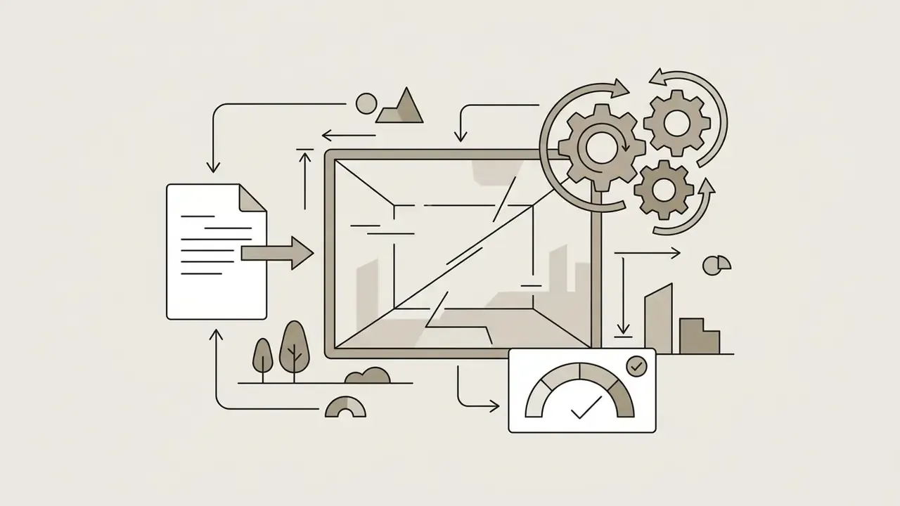 Document feeding into a framed scene with rotating gears and a gauge indicating progress