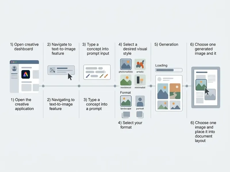 Six sequential steps showing the process of generating and placing an image in a digital workspace