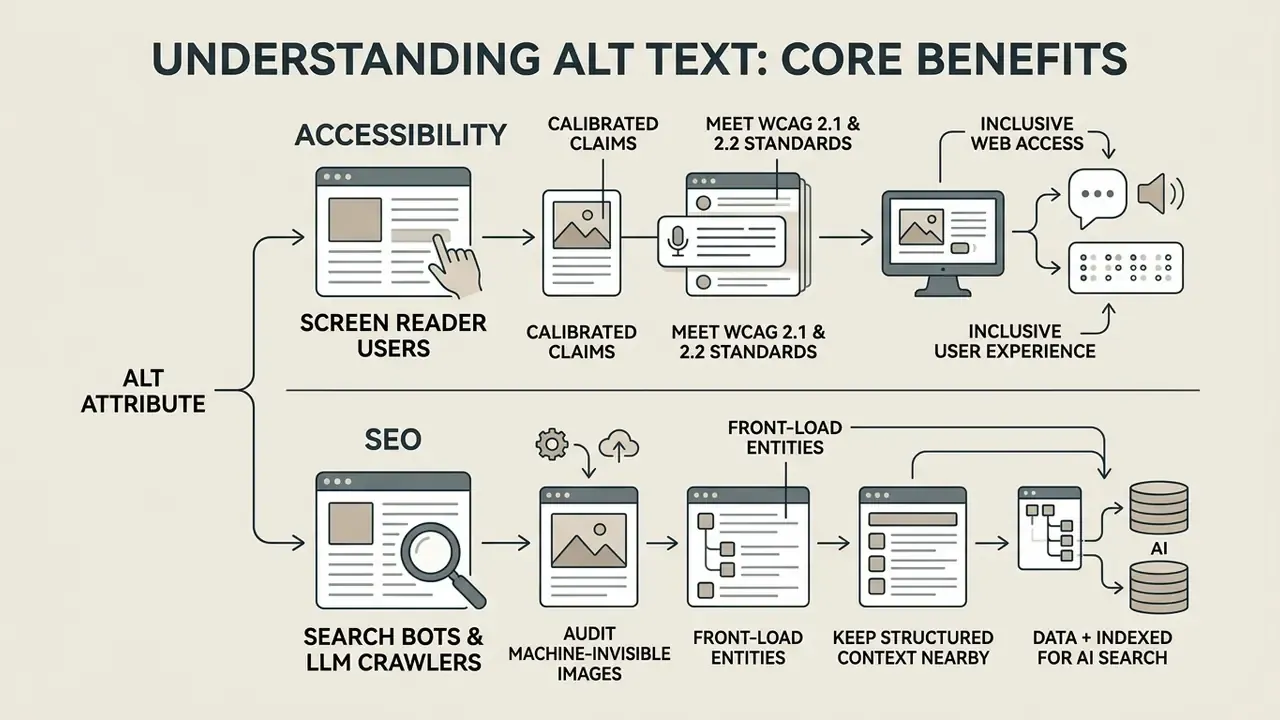 Infographic showing how alt attributes support accessibility for screen readers and SEO for AI search bots