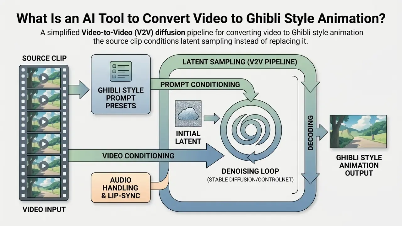 Simplified V2V pipeline diagram showing source video conditioning latent sampling for animation