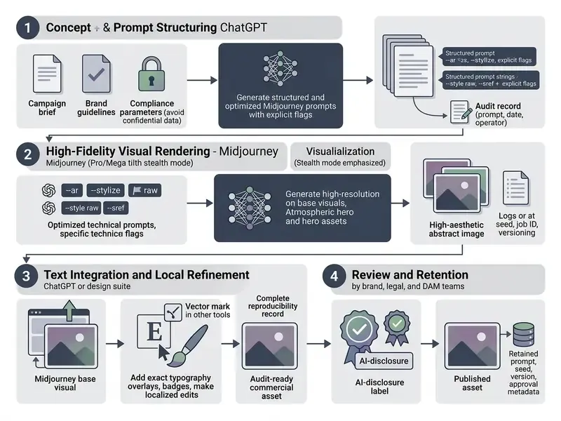 Four phase flowchart detailing an enterprise hybrid workflow for image generation using ChatGPT and Midjourney