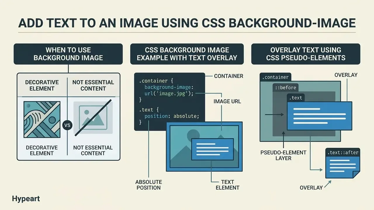 Infographic explaining when to use CSS background images and how to implement them with text overlays