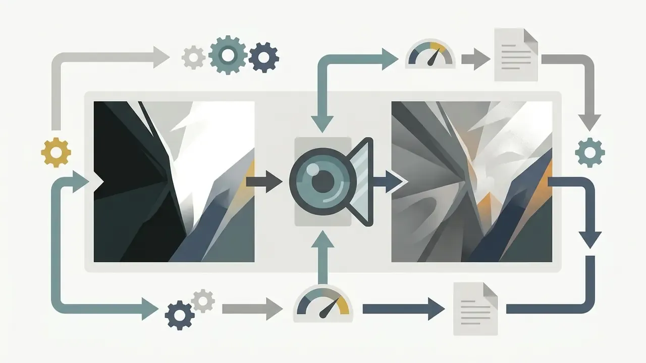 Cycle of image processing showing contrast adjustment between two photo previews with gear and gauge icons