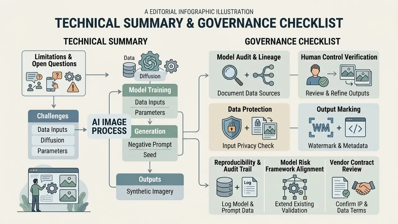 Flowchart mapping the AI image generation process alongside a governance checklist for compliance