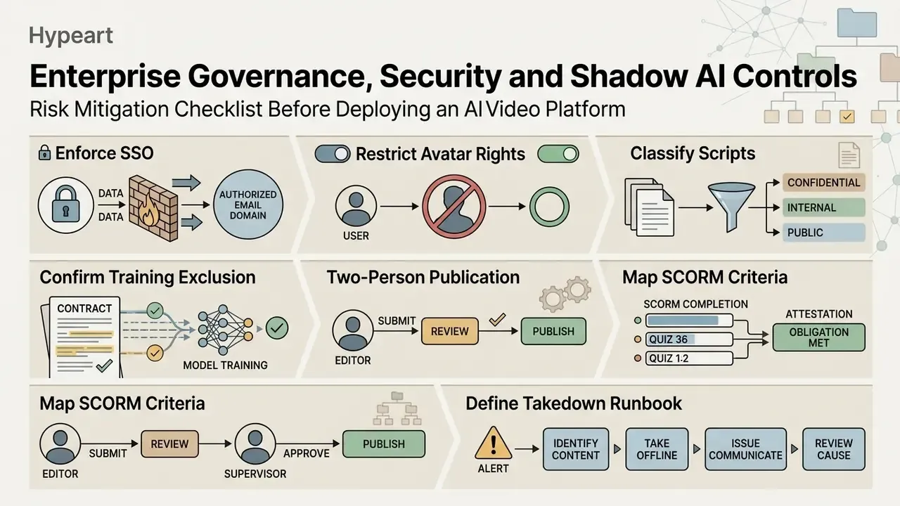 Risk mitigation checklist for Synthesia AI training videos featuring security and governance workflows