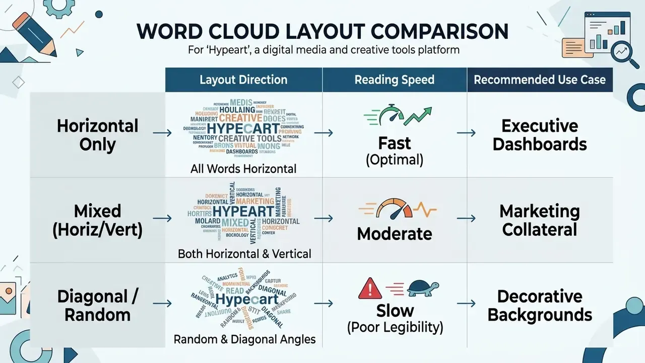 Comparison table evaluating word cloud layout directions, reading speeds, and recommended use cases