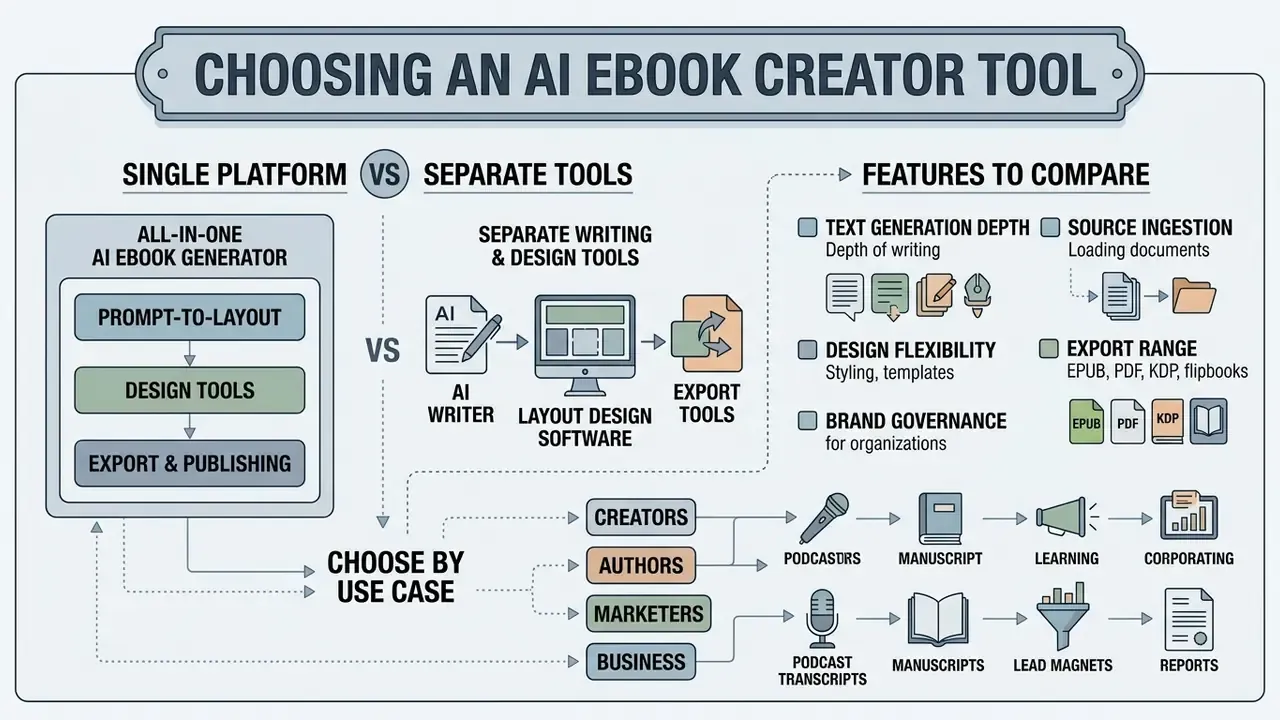 Comparison infographic contrasting all-in-one platforms with separate writing and design software tools