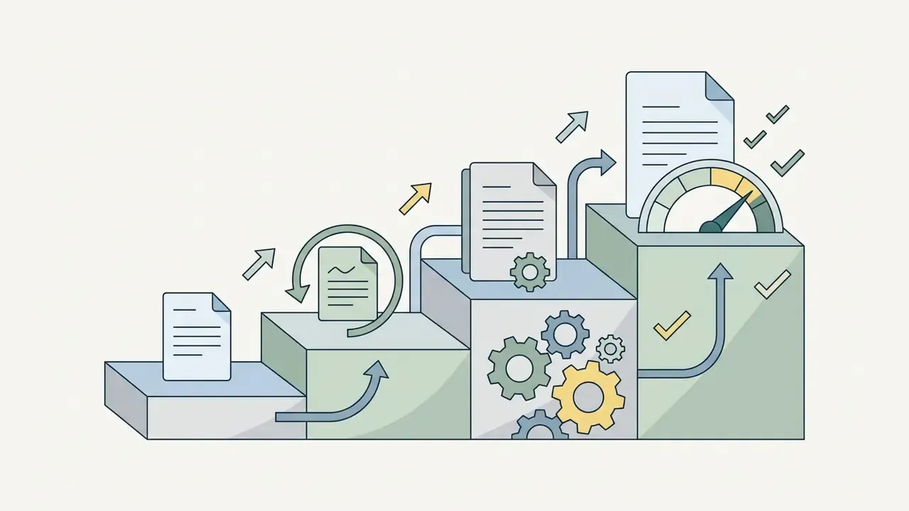 Document icons ascending a staircase with gears and a performance gauge indicating progress and completion