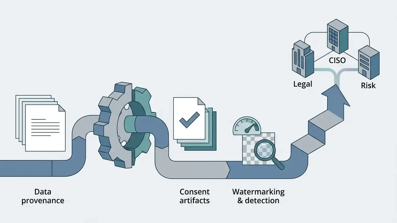 Pipeline showing data provenance, consent artifacts, and detection controls leading to corporate oversight