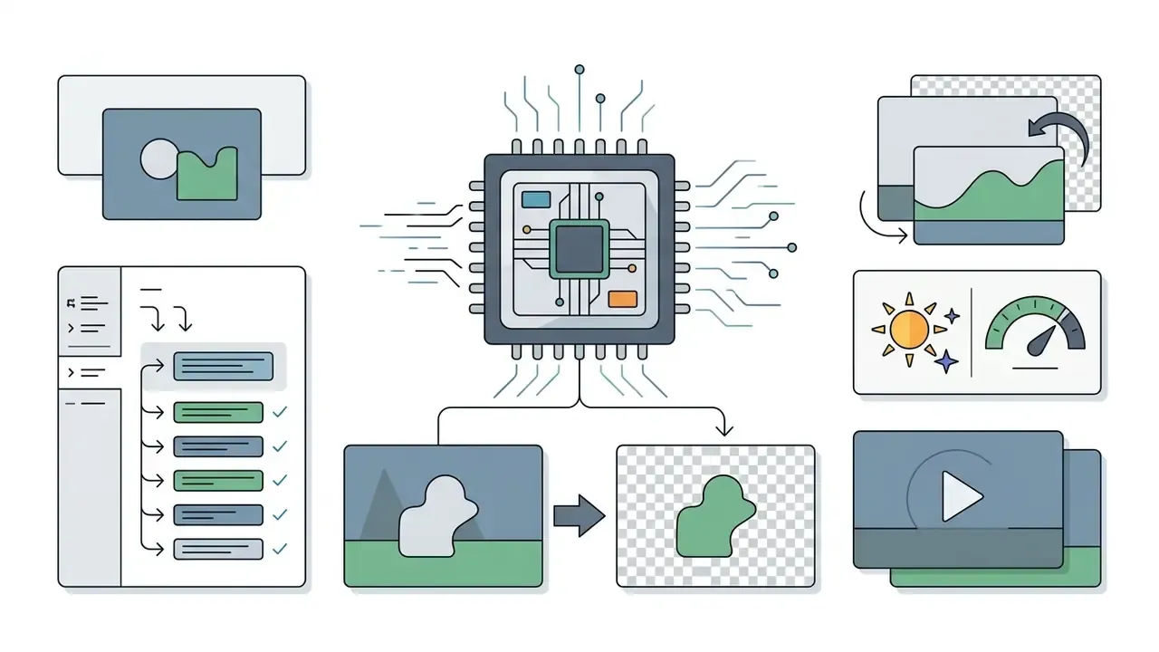 Computer chip connected to icons representing video editing tasks like subject masking and color adjustment