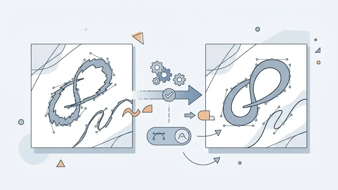 Jagged hand-drawn infinity symbol being smoothed into clean Bézier curves through a processing toggle
