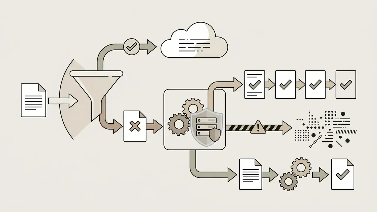 Document flow through a funnel to cloud storage, blocked paths, or internal server processing steps